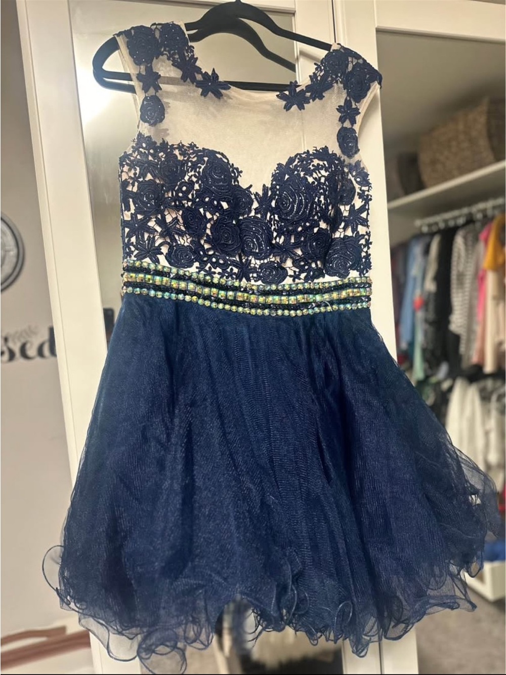 Dave & Johnny Navy Floral Lace Tulle Party Dress with Beaded Waist